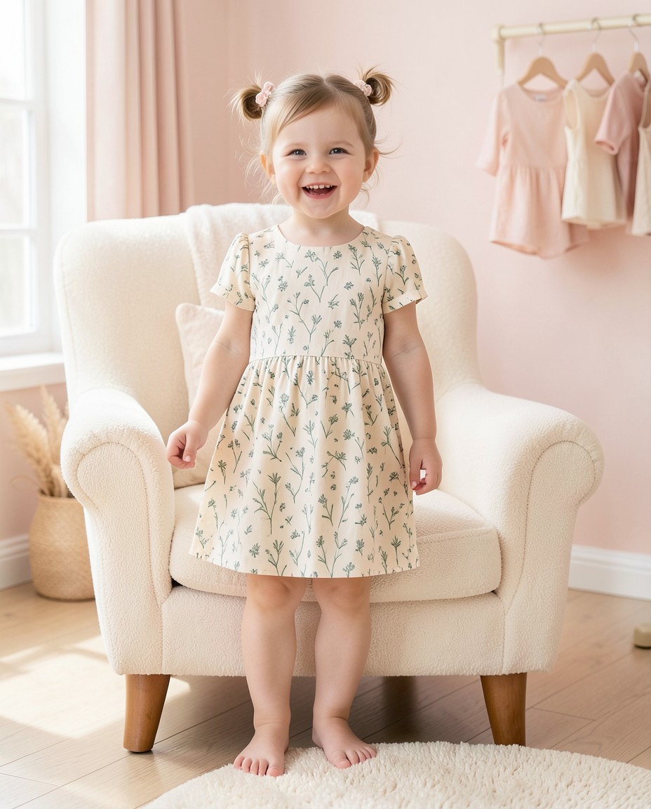 Niña con vestido crema estampado de flores